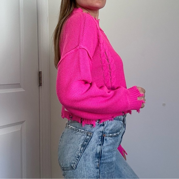 Neon Pink Distressed Crop Cable Knit Sweater - Picture 4 of 10